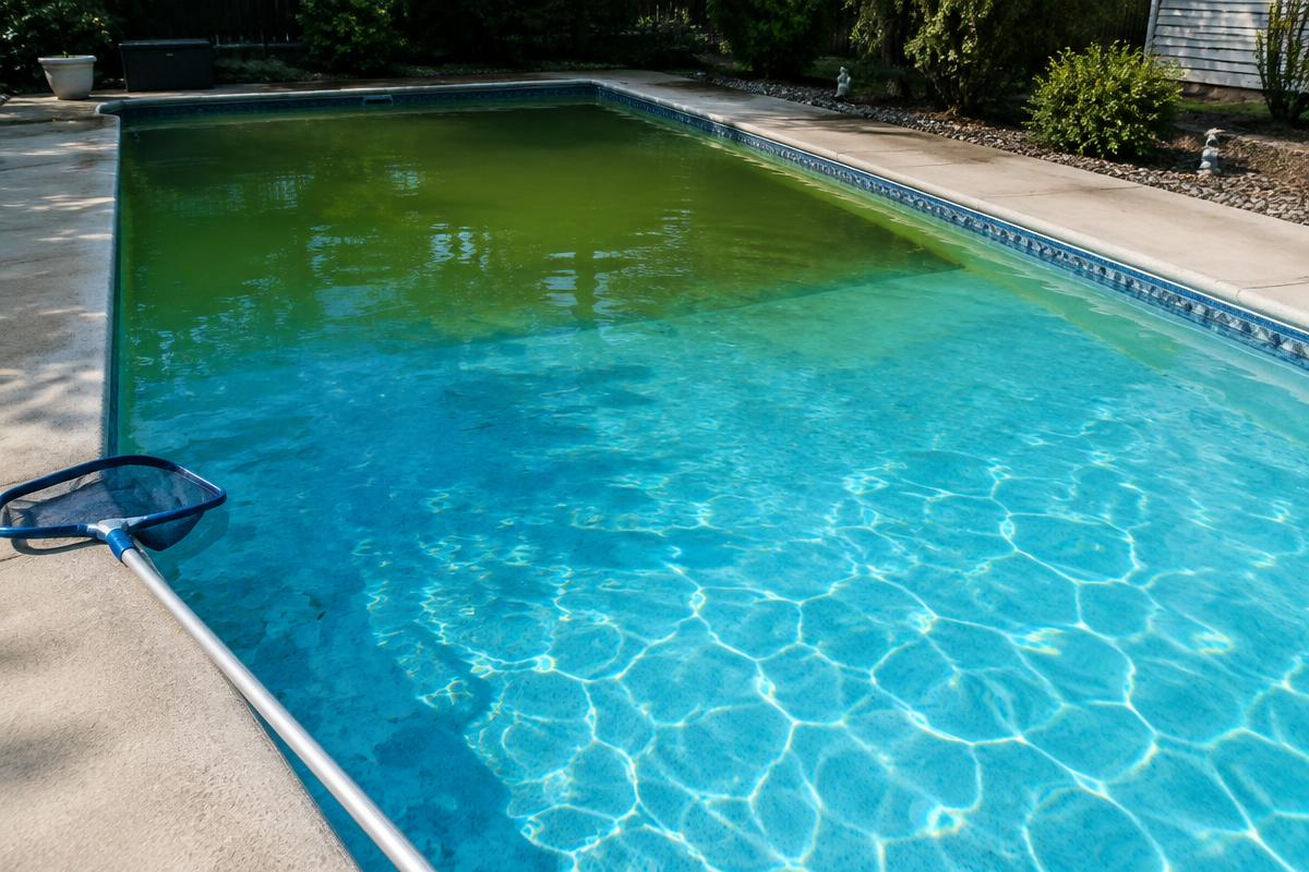 A green swimming pool being restored to clear water